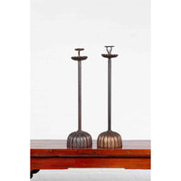 Near Pair of Vintage Japanese Style Lotus Candlesticks