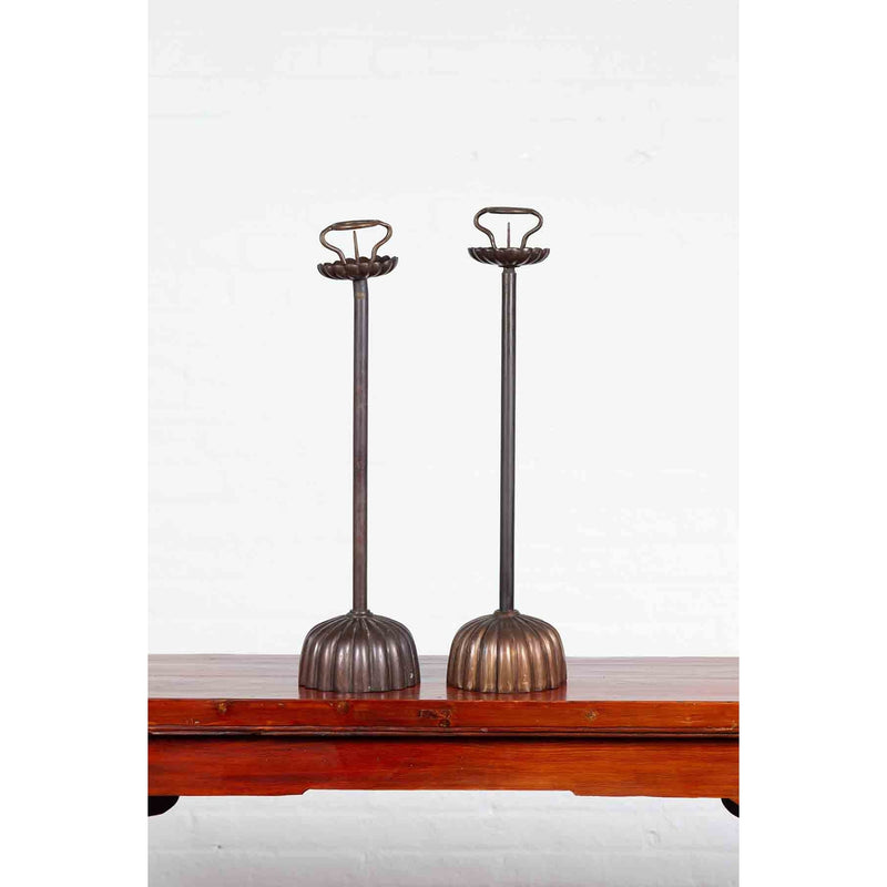 Near Pair of Vintage Japanese Style Lotus Candlesticks-YN7069-3. Asian & Chinese Furniture, Art, Antiques, Vintage Home Décor for sale at FEA Home