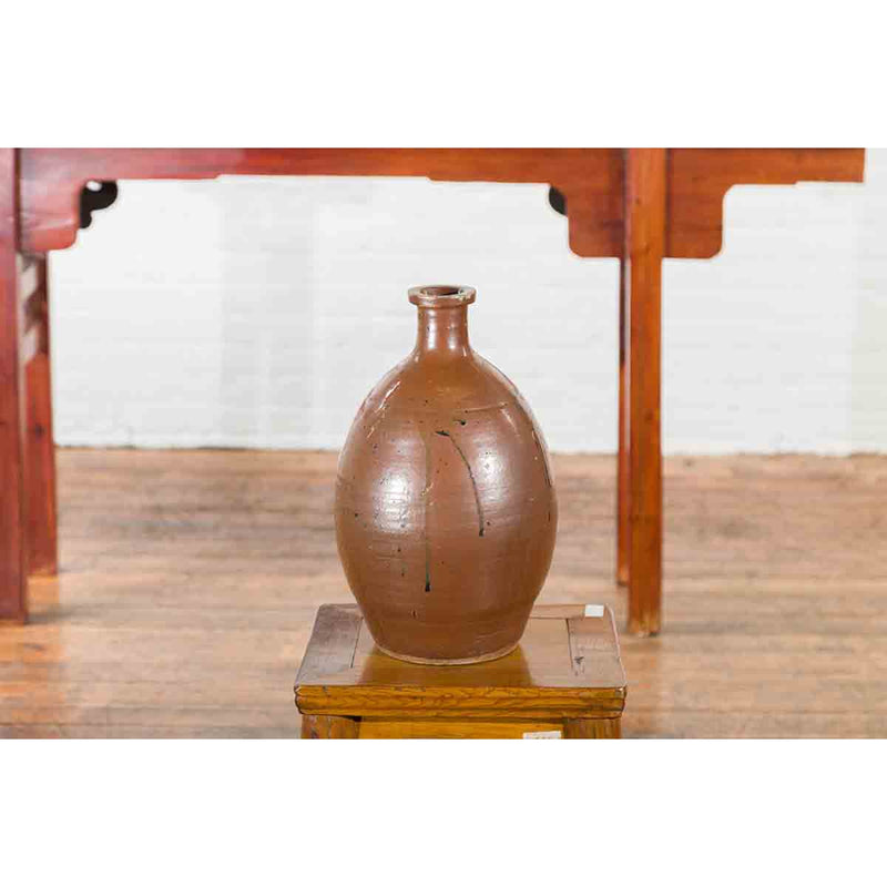 Japanese Taishō Period 1900s Tamba Tachikui Ware Brown Sake Jar with Drip Glaze-YN7070-7. Asian & Chinese Furniture, Art, Antiques, Vintage Home Décor for sale at FEA Home