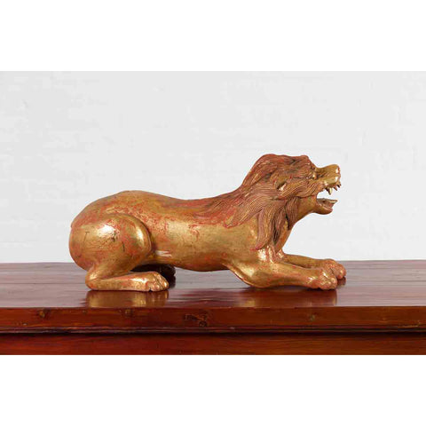 Vintage Thai Gilded and Carved Wooden Mythical Creature with Red Undertone