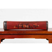 Chinese Qing Dynasty Cinnabar Lacquer Leather Pillow with Hand Painted Flowers