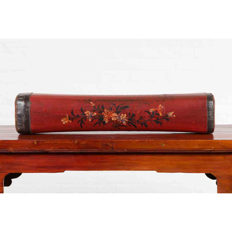 Chinese Qing Dynasty Cinnabar Lacquer Leather Pillow with Hand Painted Flowers-YN7073-2. Asian & Chinese Furniture, Art, Antiques, Vintage Home Décor for sale at FEA Home