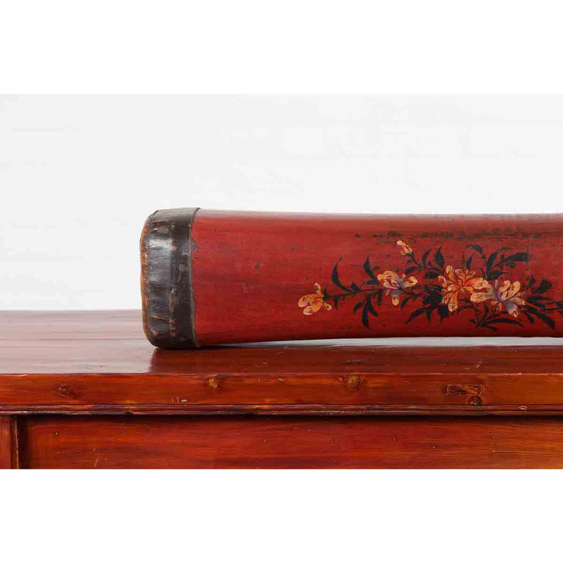 Chinese Qing Dynasty Cinnabar Lacquer Leather Pillow with Hand Painted Flowers-YN7073-5. Asian & Chinese Furniture, Art, Antiques, Vintage Home Décor for sale at FEA Home