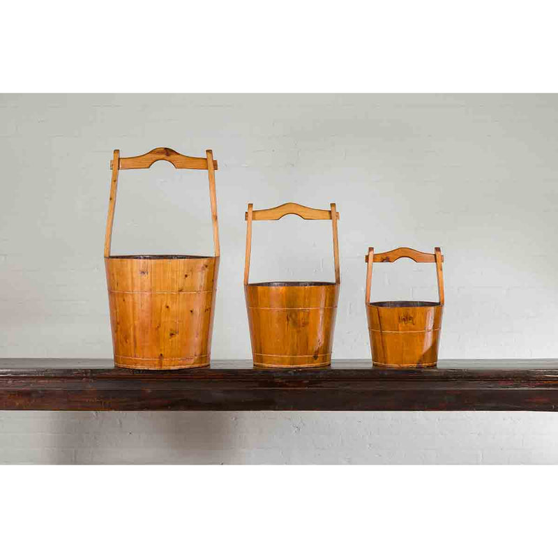 Set of Three Chinese Vintage Grain Nested Baskets with Large Handles