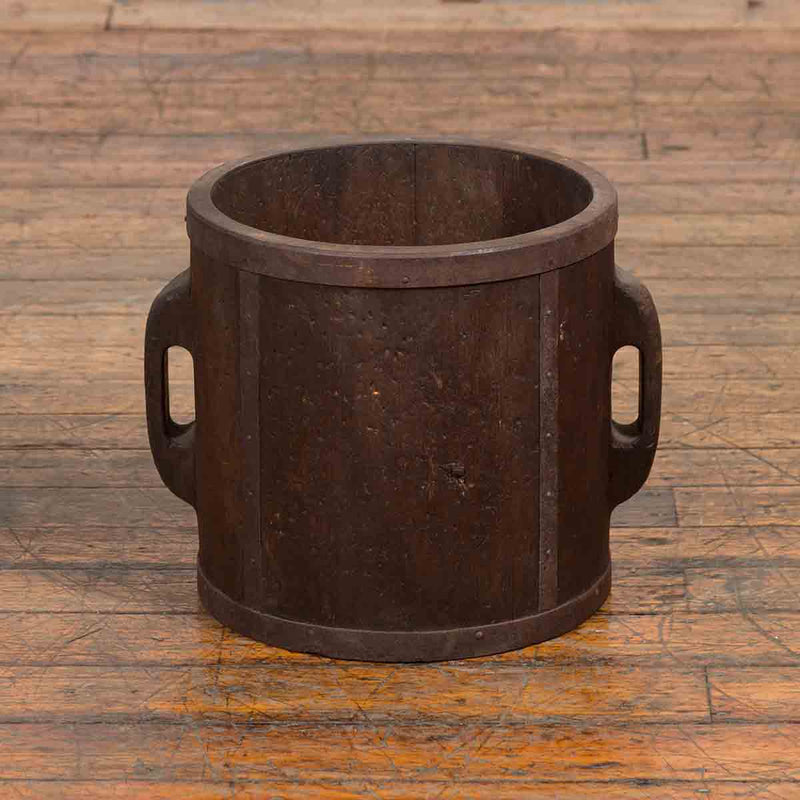 Antique Chinese Brown Grain Measuring Cup with Metal Braces and Lateral Handles
