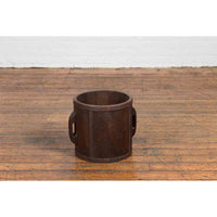 Antique Chinese Brown Grain Measuring Cup with Metal Braces and Lateral Handles