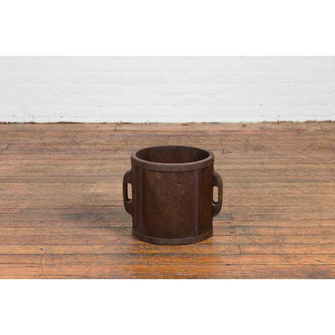 Antique Chinese Brown Grain Measuring Cup with Metal Braces and Lateral Handles