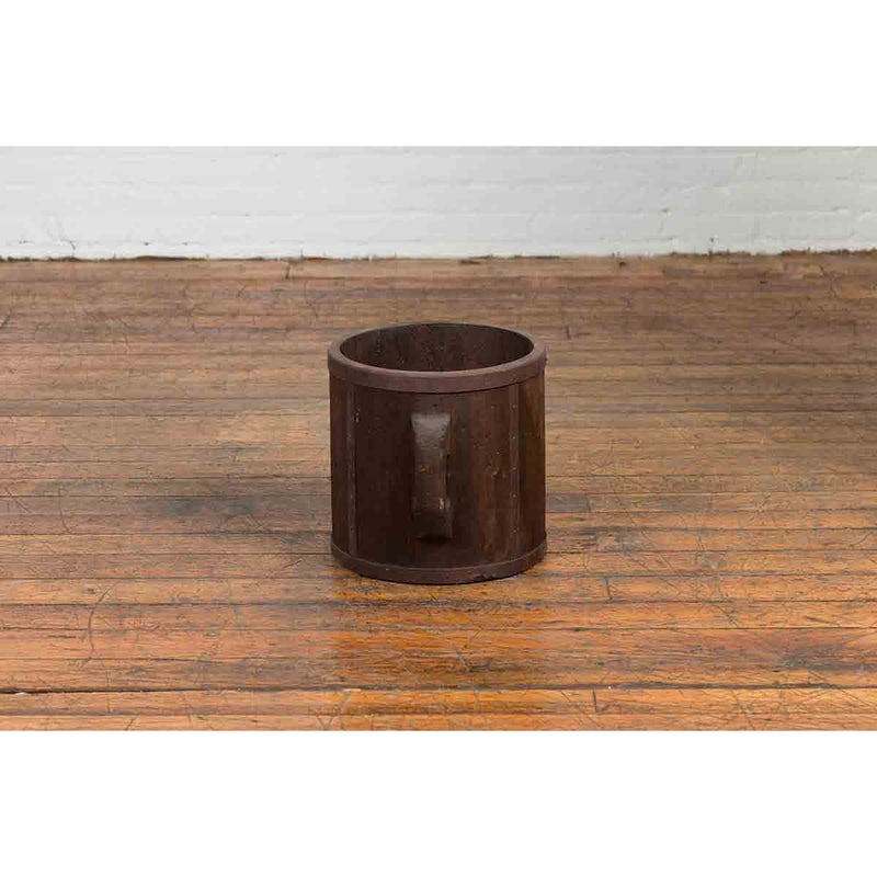 Antique Chinese Brown Grain Measuring Cup with Metal Braces and Lateral Handles