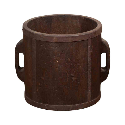 Antique Chinese Brown Grain Measuring Cup with Metal Braces and Lateral Handles- Asian Antiques, Vintage Home Decor & Chinese Furniture - FEA Home