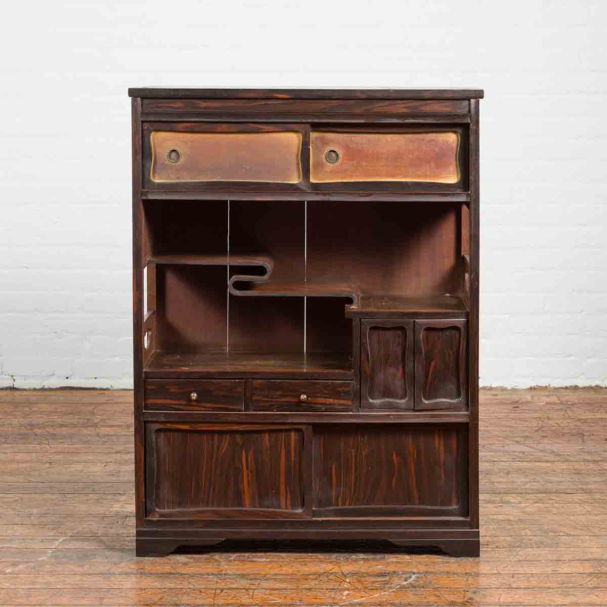 Vintage Zebra Wood Japanese Cabinet with Sliding Doors and Curving Open Shelves-2. Asian & Chinese Furniture, Art, Antiques, Vintage Home Décor for sale at FEA Home