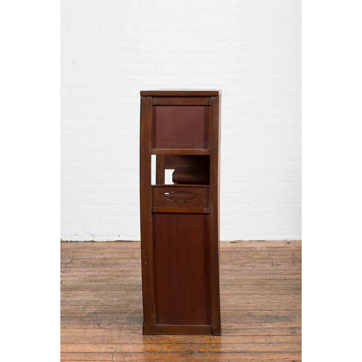 Vintage Zebra Wood Japanese Cabinet with Sliding Doors and Curving Open Shelves-11. Asian &amp; Chinese Furniture, Art, Antiques, Vintage Home Décor for sale at FEA Home