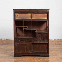 Vintage Zebra Wood Japanese Cabinet with Sliding Doors and Curving Open Shelves-YN7088-2. Asian & Chinese Furniture, Art, Antiques, Vintage Home Décor for sale at FEA Home