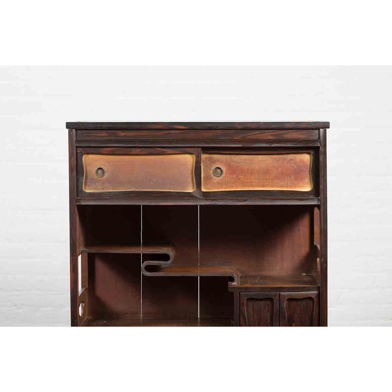 Vintage Zebra Wood Japanese Cabinet with Sliding Doors and Curving Open Shelves-YN7088-5. Asian & Chinese Furniture, Art, Antiques, Vintage Home Décor for sale at FEA Home