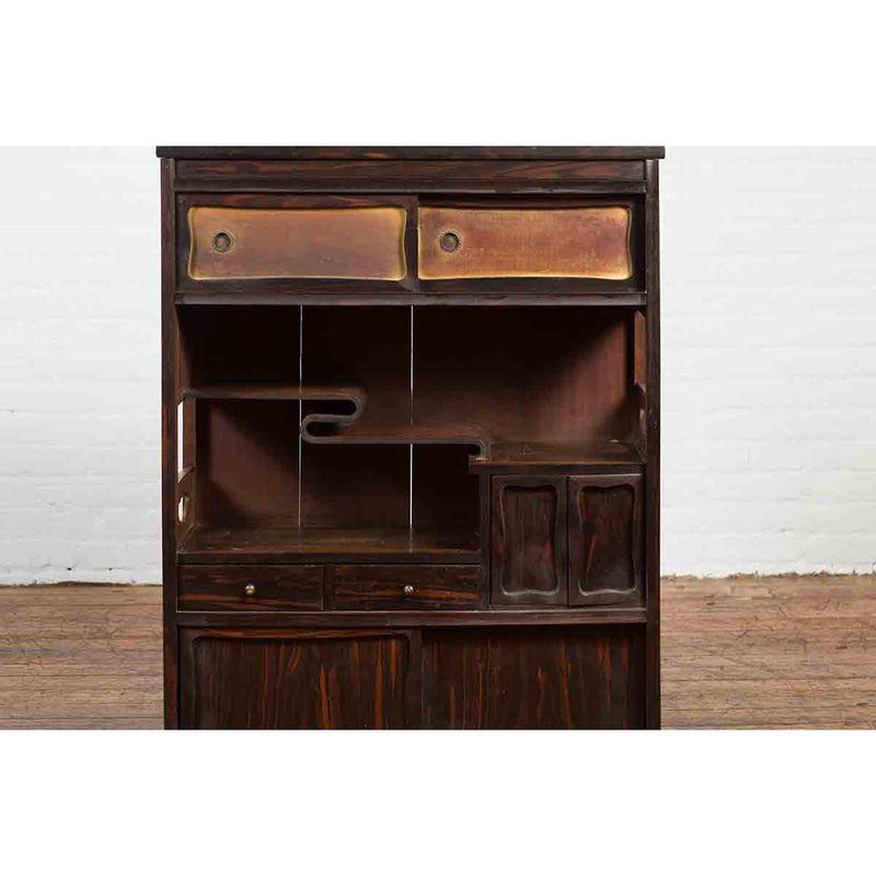 Vintage Zebra Wood Japanese Cabinet with Sliding Doors and Curving Open Shelves