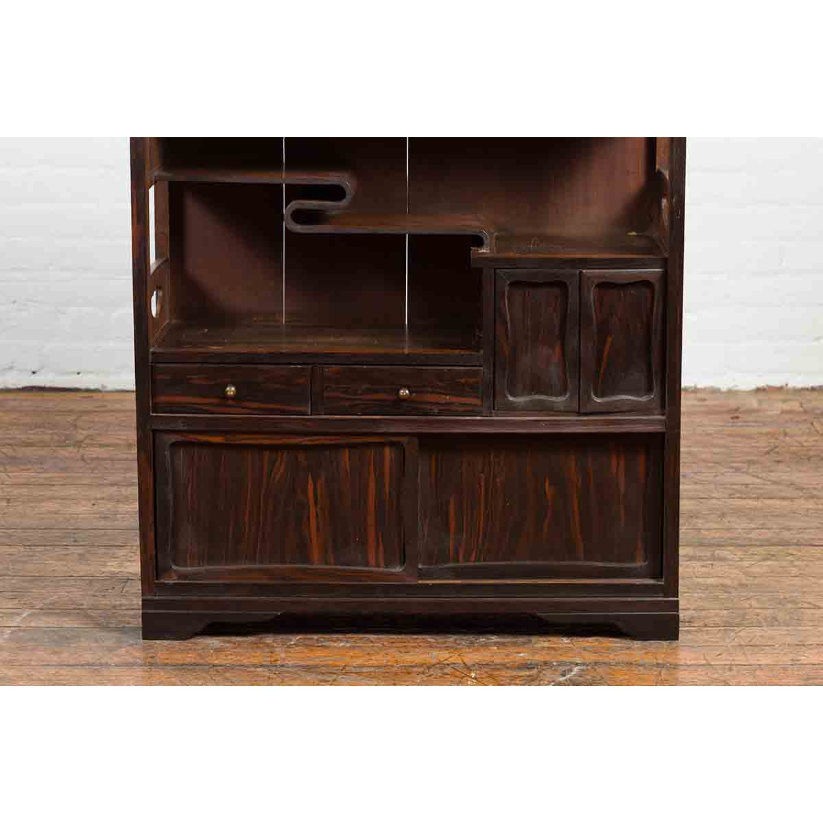 Vintage Zebra Wood Japanese Cabinet with Sliding Doors and Curving Open Shelves-7. Asian &amp; Chinese Furniture, Art, Antiques, Vintage Home Décor for sale at FEA Home