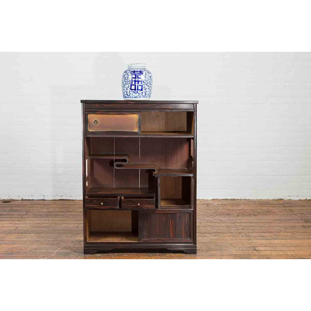 Vintage Zebra Wood Japanese Cabinet with Sliding Doors and Curving Open Shelves-3. Asian &amp; Chinese Furniture, Art, Antiques, Vintage Home Décor for sale at FEA Home