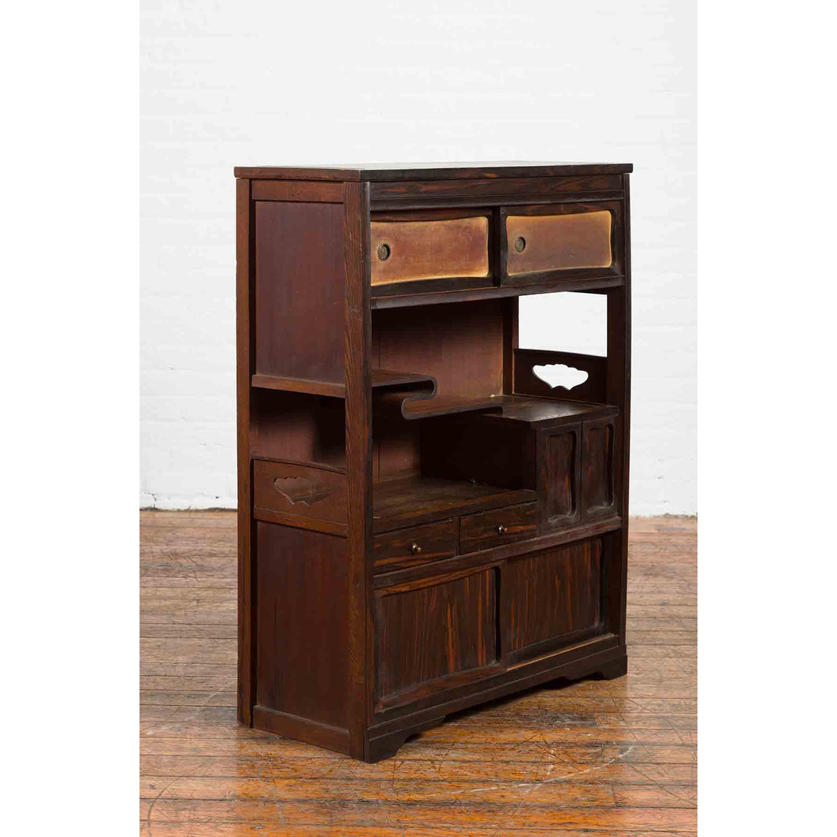 Vintage Zebra Wood Japanese Cabinet with Sliding Doors and Curving Open Shelves-4. Asian &amp; Chinese Furniture, Art, Antiques, Vintage Home Décor for sale at FEA Home