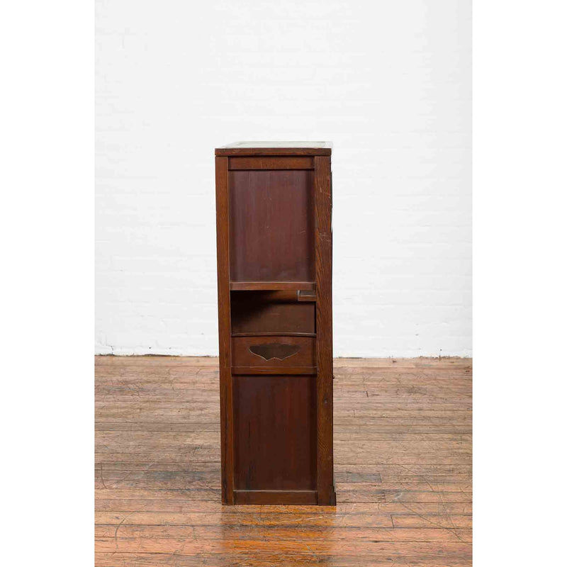 Vintage Zebra Wood Japanese Cabinet with Sliding Doors and Curving Open Shelves-YN7088-8. Asian & Chinese Furniture, Art, Antiques, Vintage Home Décor for sale at FEA Home