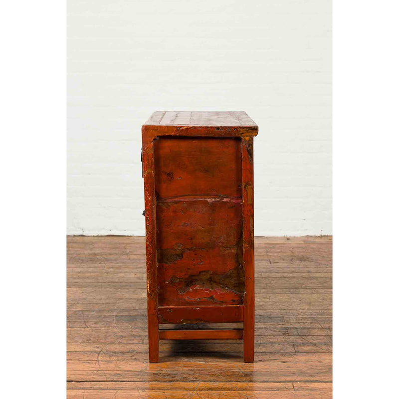 Chinese Qing Dynasty Period 19th Century Red Lacquered Small Cabinet