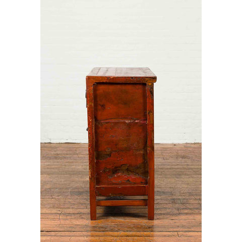 Chinese Qing Dynasty Period 19th Century Red Lacquered Small Cabinet