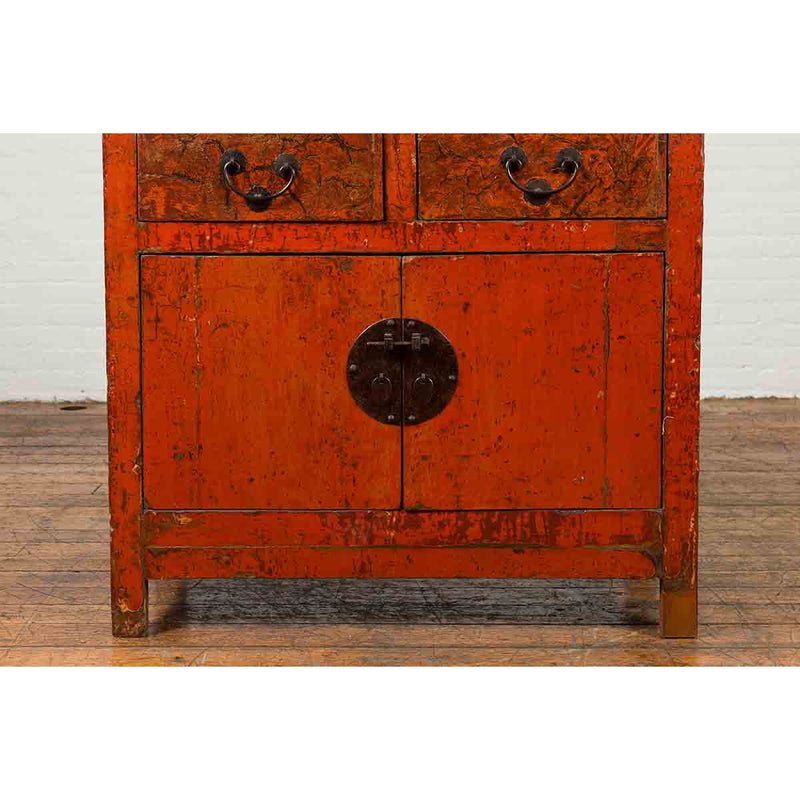 Chinese Qing Dynasty Period 19th Century Red Lacquered Small Cabinet
