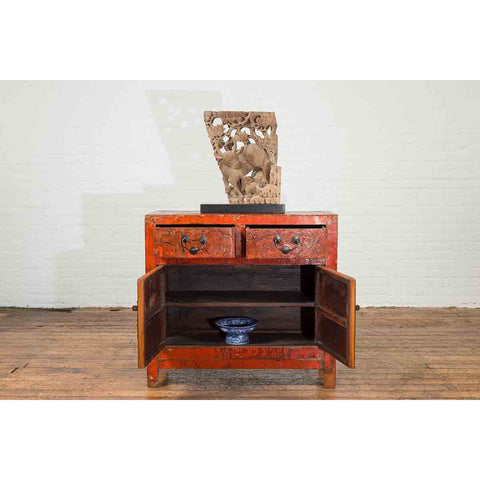 Chinese Qing Dynasty Period 19th Century Red Lacquered Small Cabinet