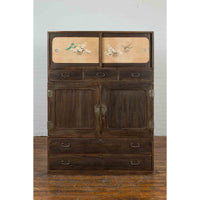 Early 20th Century Japanese Taishō Cabinet with Hand-Painted Woodblock Prints