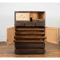 Early 20th Century Japanese Taishō Cabinet with Hand-Painted Woodblock Prints