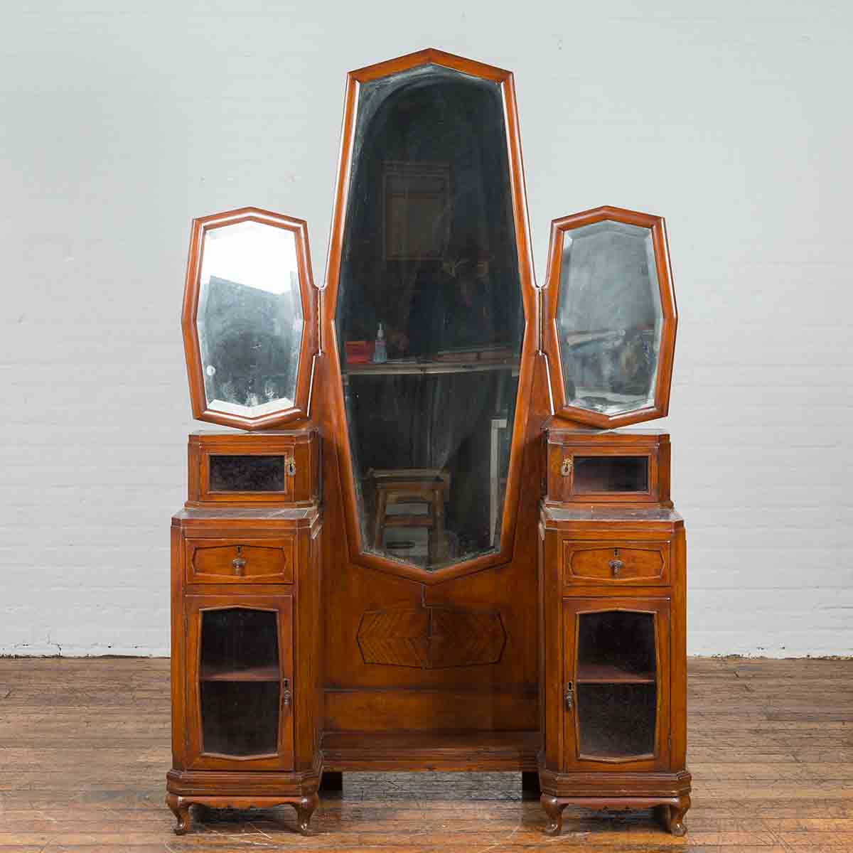 Vintage Vanity Table with Octagonal Mirrors & Marble Tabletops-2. Asian & Chinese Furniture, Art, Antiques, Vintage Home Décor for sale at FEA Home