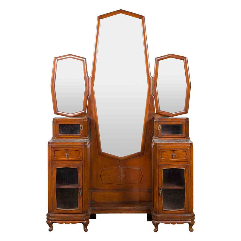 Indonesian Vintage Dressing Table with Psyche Mirror and Marble Accents- Asian Antiques, Vintage Home Decor & Chinese Furniture - FEA Home