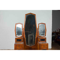 Indonesian Vintage Vanity Table with Octagonal Mirrors & Marble Tabletops