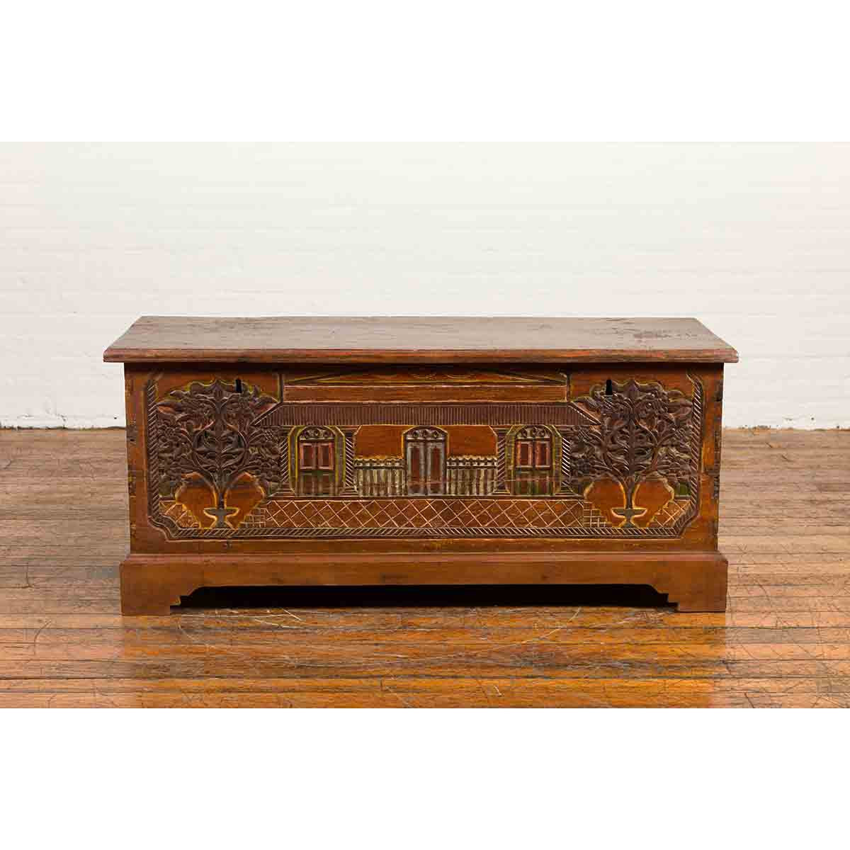 Indonesian 19th Century Carved and Painted Trunk with Architecture and Foliage-2. Asian & Chinese Furniture, Art, Antiques, Vintage Home Décor for sale at FEA Home