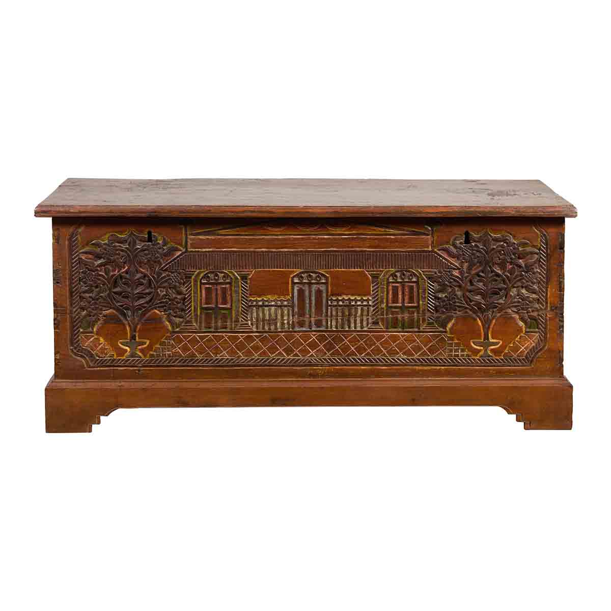 Indonesian 19th Century Carved and Painted Trunk with Architecture and Foliage-1. Asian & Chinese Furniture, Art, Antiques, Vintage Home Décor for sale at FEA Home