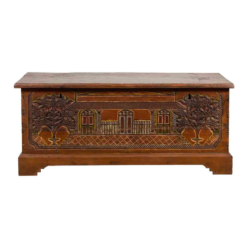 Indonesian 19th Century Carved and Painted Trunk with Architecture and Foliage- Asian Antiques, Vintage Home Decor & Chinese Furniture - FEA Home