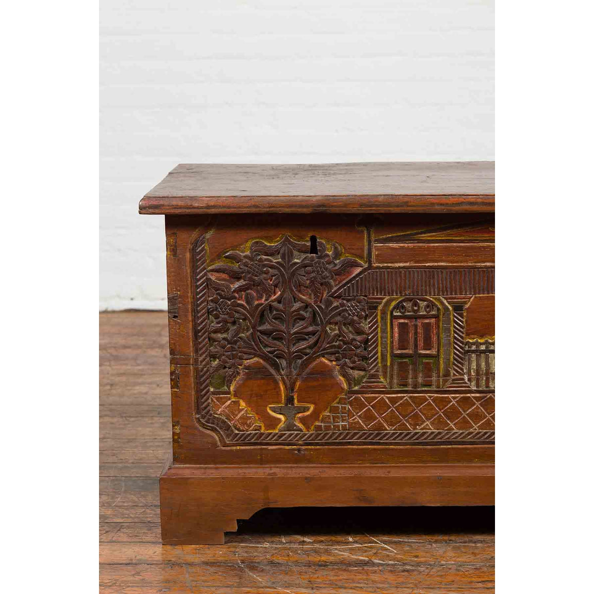 Indonesian 19th Century Carved and Painted Trunk with Architecture and Foliage-3. Asian &amp; Chinese Furniture, Art, Antiques, Vintage Home Décor for sale at FEA Home