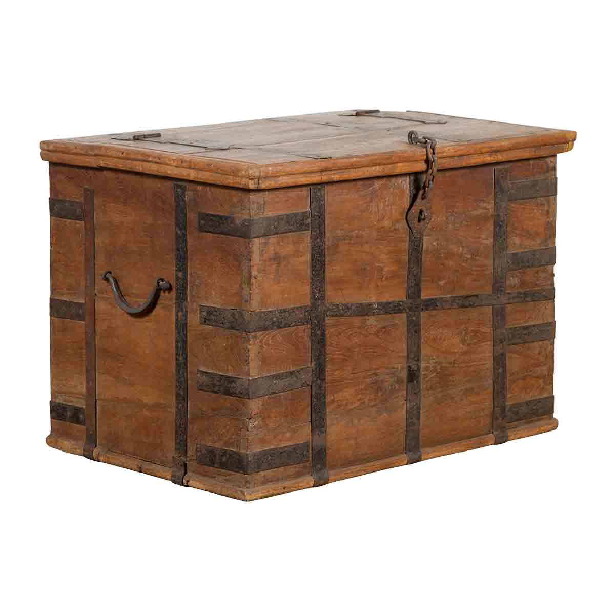Rustic Indian 19th Century Wooden Trunk with Iron Hardware and Weathered Patina-1. Asian & Chinese Furniture, Art, Antiques, Vintage Home Décor for sale at FEA Home