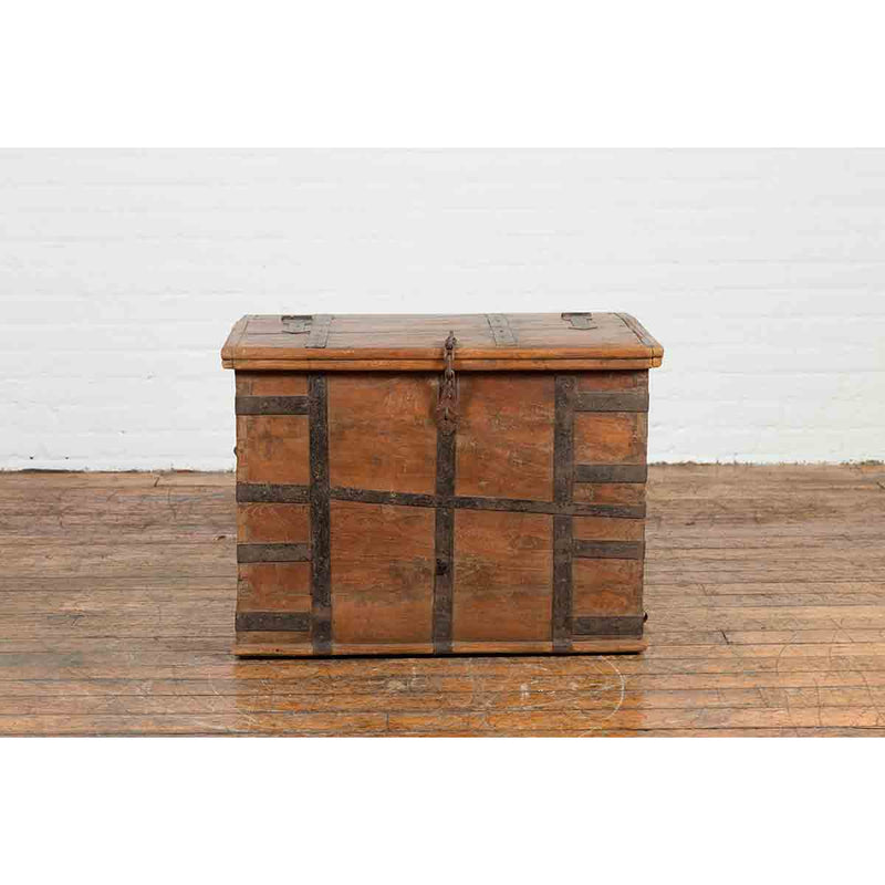 Rustic Indian 19th Century Wooden Trunk with Iron Hardware and Weathered Patina-YN7100-3. Asian & Chinese Furniture, Art, Antiques, Vintage Home Décor for sale at FEA Home