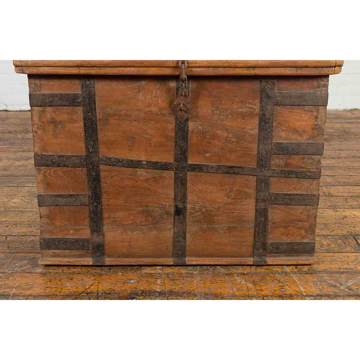 Rustic Indian 19th Century Wooden Trunk with Iron Hardware and Weathered Patina-7. Asian &amp; Chinese Furniture, Art, Antiques, Vintage Home Décor for sale at FEA Home