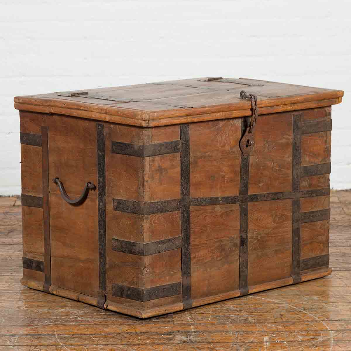 Rustic Indian 19th Century Wooden Trunk with Iron Hardware and Weathered Patina-2. Asian & Chinese Furniture, Art, Antiques, Vintage Home Décor for sale at FEA Home