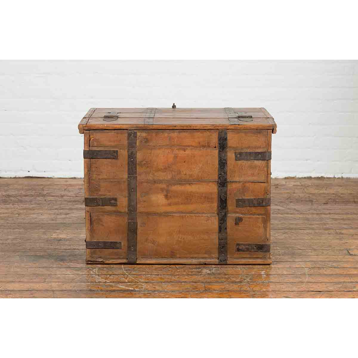 Rustic Indian 19th Century Wooden Trunk with Iron Hardware and Weathered Patina-10. Asian &amp; Chinese Furniture, Art, Antiques, Vintage Home Décor for sale at FEA Home