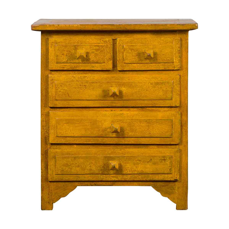 Vintage Thai Side Chest with Mustard Glaze, Five Drawers and Distressed Patina-YN7101-1. Asian & Chinese Furniture, Art, Antiques, Vintage Home Décor for sale at FEA Home