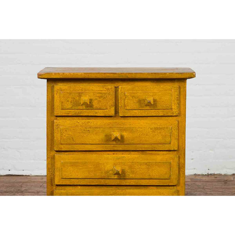 Vintage Thai Side Chest with Mustard Glaze, Five Drawers and Distressed Patina-YN7101-6. Asian & Chinese Furniture, Art, Antiques, Vintage Home Décor for sale at FEA Home