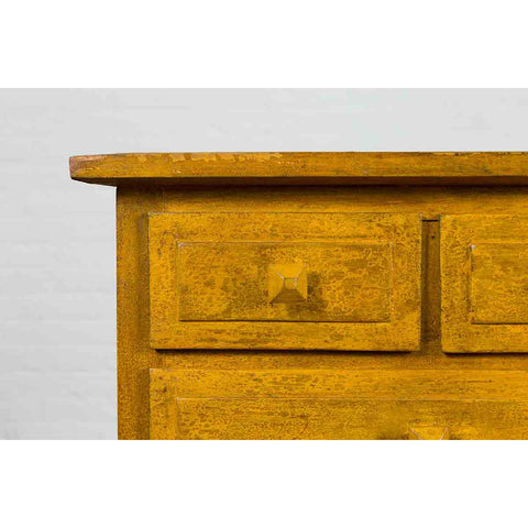Vintage Thai Side Chest with Mustard Glaze, Five Drawers and Distressed Patina-YN7101-7. Asian & Chinese Furniture, Art, Antiques, Vintage Home Décor for sale at FEA Home