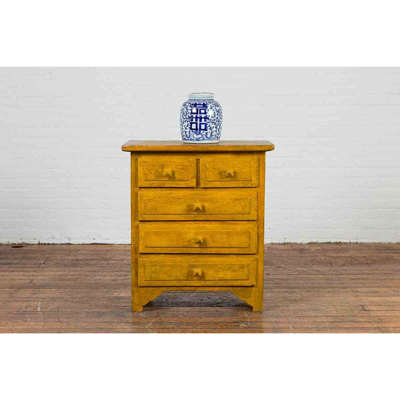 Vintage Thai Side Chest with Mustard Glaze, Five Drawers and Distressed Patina-YN7101-4. Asian & Chinese Furniture, Art, Antiques, Vintage Home Décor for sale at FEA Home