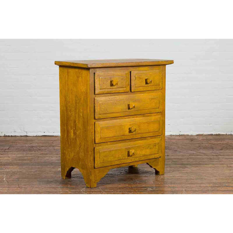 Vintage Thai Side Chest with Mustard Glaze, Five Drawers and Distressed Patina-YN7101-5. Asian & Chinese Furniture, Art, Antiques, Vintage Home Décor for sale at FEA Home