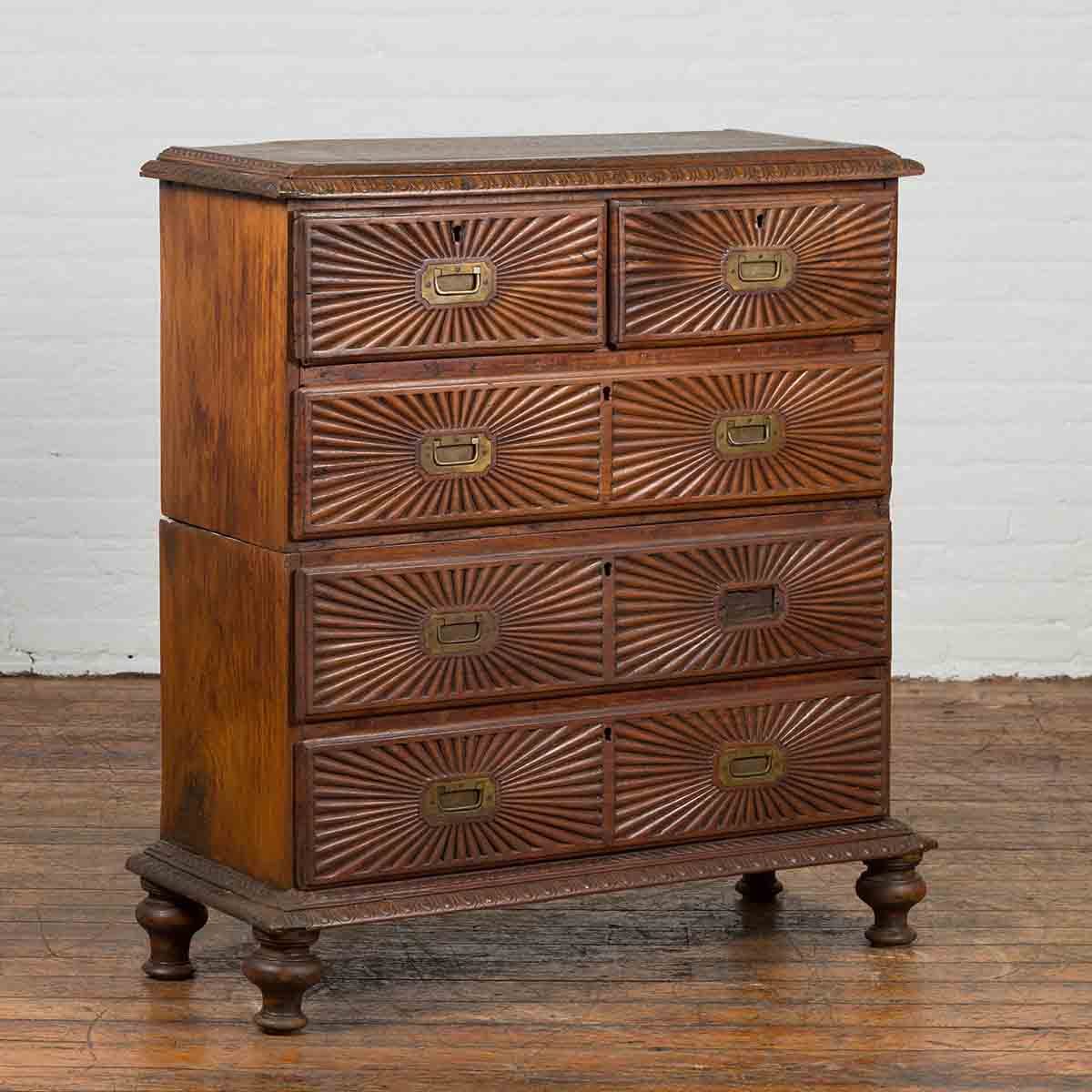 Indonesian 19th Century Five-Drawer Chest with Carved Sunburst and Ovoid Motifs-2. Asian & Chinese Furniture, Art, Antiques, Vintage Home Décor for sale at FEA Home