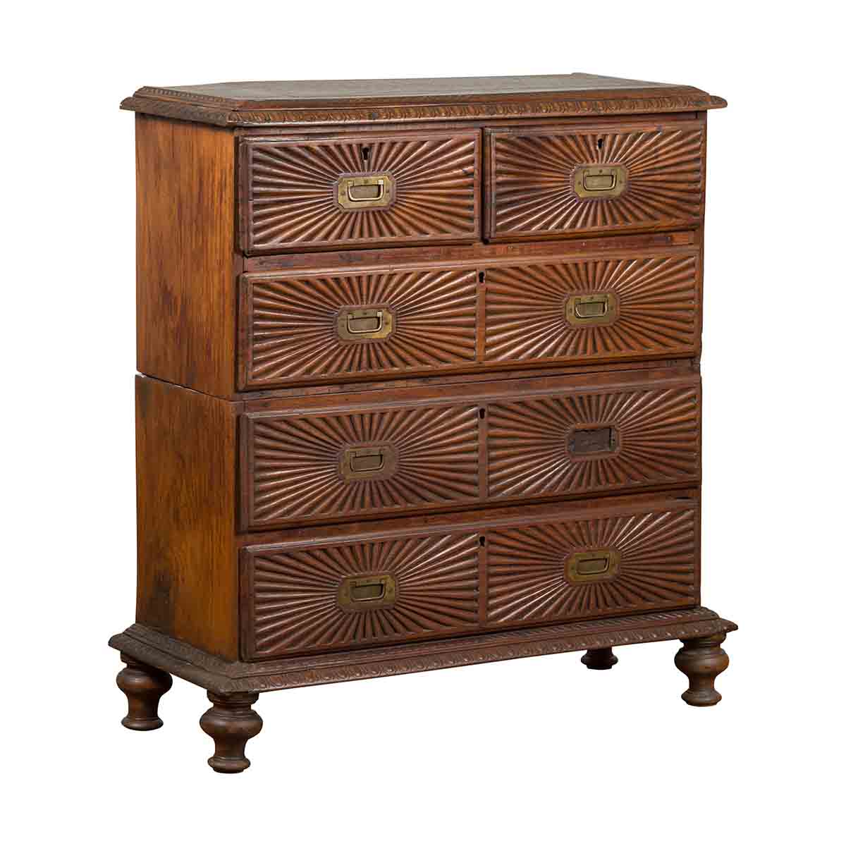 Indonesian 19th Century Five-Drawer Chest with Carved Sunburst and Ovoid Motifs-1. Asian & Chinese Furniture, Art, Antiques, Vintage Home Décor for sale at FEA Home