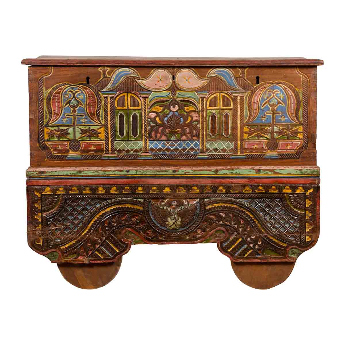 Indonesian Madurese 19th Century Polychrome Merchant&#39;s Blanket Chest on Wheels-1. Asian &amp; Chinese Furniture, Art, Antiques, Vintage Home Décor for sale at FEA Home
