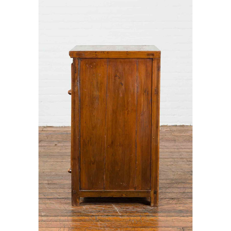 Vintage Brown Elmwood Chinese Side Cabinet with Two Drawers over Double Doors-11. Asian & Chinese Furniture, Art, Antiques, Vintage Home Décor for sale at FEA Home