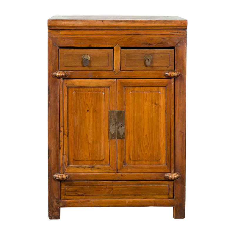 Vintage Brown Elmwood Chinese Side Cabinet with Two Drawers over Double Doors-1. Asian & Chinese Furniture, Art, Antiques, Vintage Home Décor for sale at FEA Home